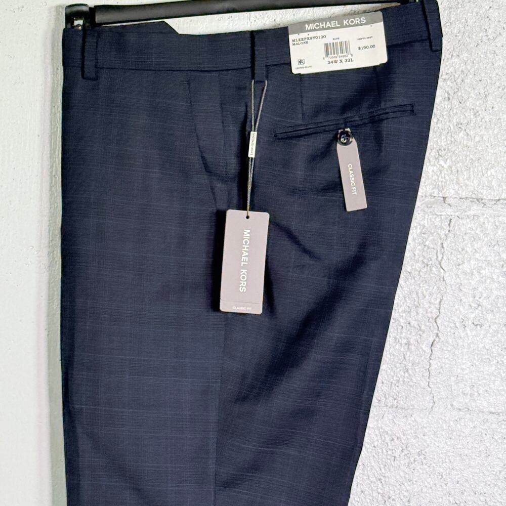 Michael Kors Men's Classic-Fit Wool-Blend Suit Pants Navy Plaid, 34x32 $200
